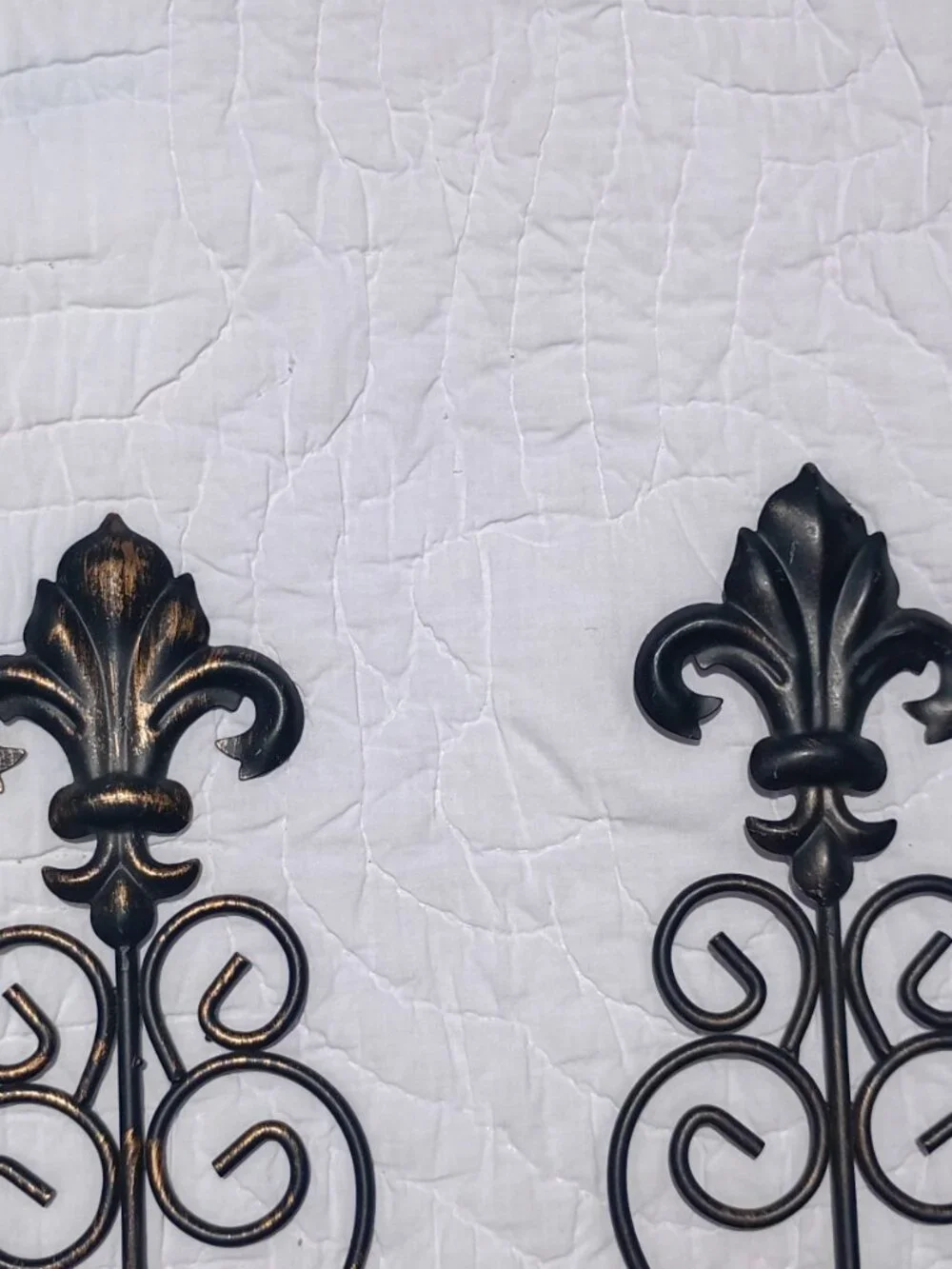 Vintage Wrought Iron Wall Sconces Fleur de Lis Pillar Candle Holders Black Gold